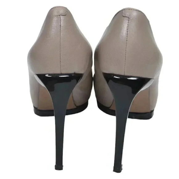 Nine West  Leather Platform Pump Stiletto Heel Open Toe Beige Tan Black Size 8 - Picture 5 of 10